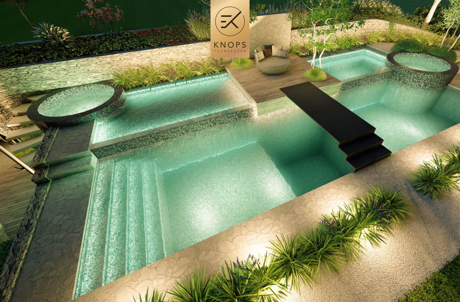 Villatuin zwemparadijs overloopzwembad bijzonder zwembad mozaiek keramiek sedumdak beschut poolhouse buitenleven buitenhaard vlonder tuinontwerp luxe designtuin hoog design wellnesstuin meerstammige bomen luxe erik knops tuindesign