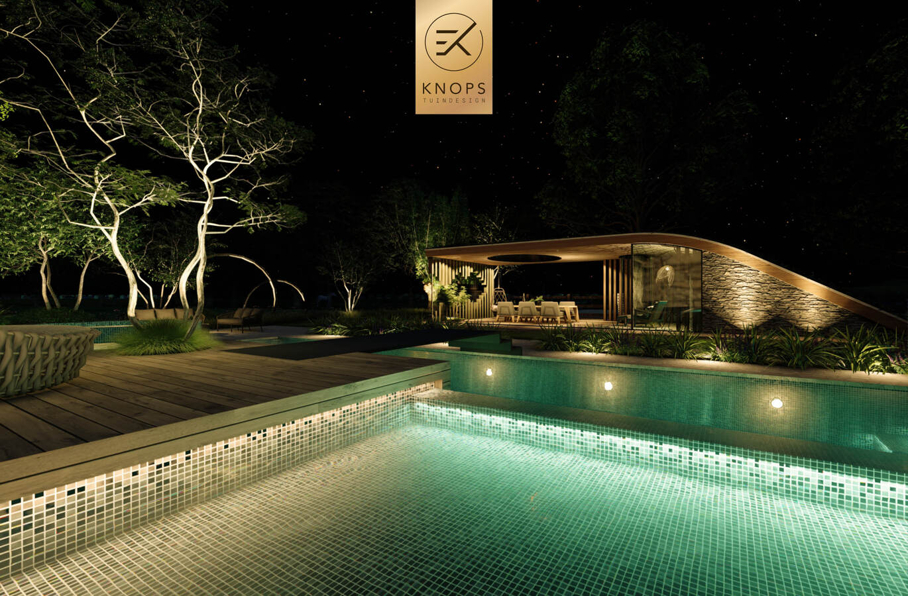 Villatuin zwemparadijs overloopzwembad bijzonder zwembad mozaiek keramiek sedumdak beschut poolhouse buitenleven buitenhaard vlonder tuinontwerp luxe designtuin hoog design wellnesstuin meerstammige bomen luxe erik knops tuindesign