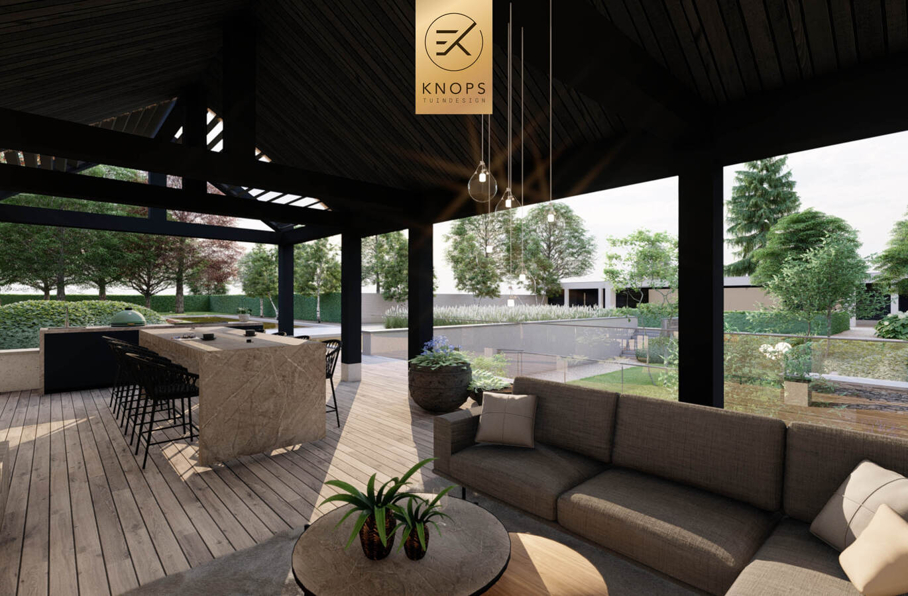 Luxe niveau kelderbak keldertuin villatuin jacuzzi binnenzwembad totaalarchitectuur high end overkapping veranda buitenkeuken cooxs borek zonnedoek buitendouche waterval erik knops tuinarchitect tilburg