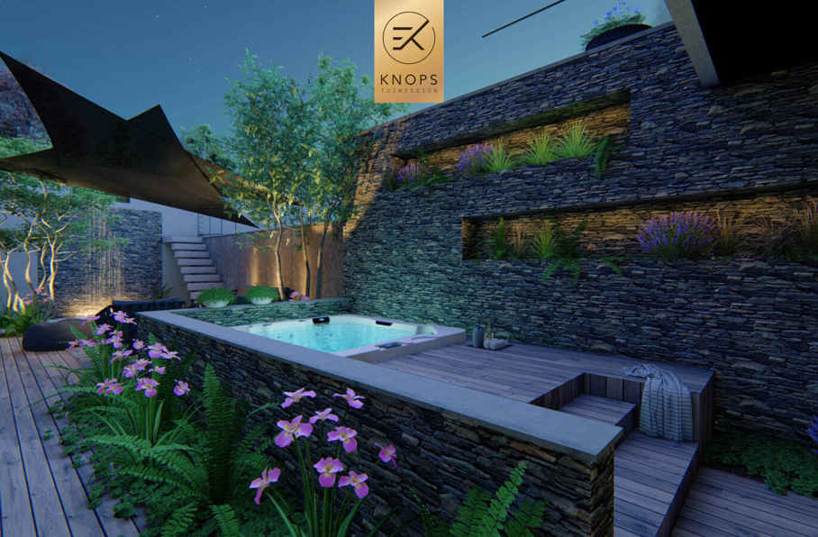 Luxe niveau kelderbak keldertuin villatuin jacuzzi binnenzwembad totaalarchitectuur high end overkapping veranda buitenkeuken cooxs borek zonnedoek buitendouche waterval erik knops tuinarchitect tilburg