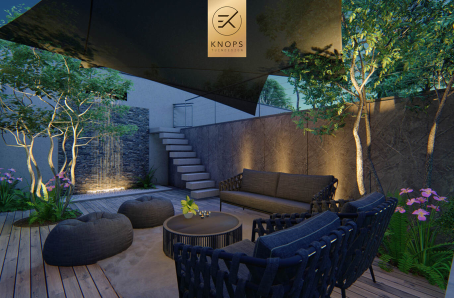 Luxe niveau kelderbak keldertuin villatuin jacuzzi binnenzwembad totaalarchitectuur high end overkapping veranda buitenkeuken cooxs borek zonnedoek buitendouche waterval erik knops tuinarchitect tilburg