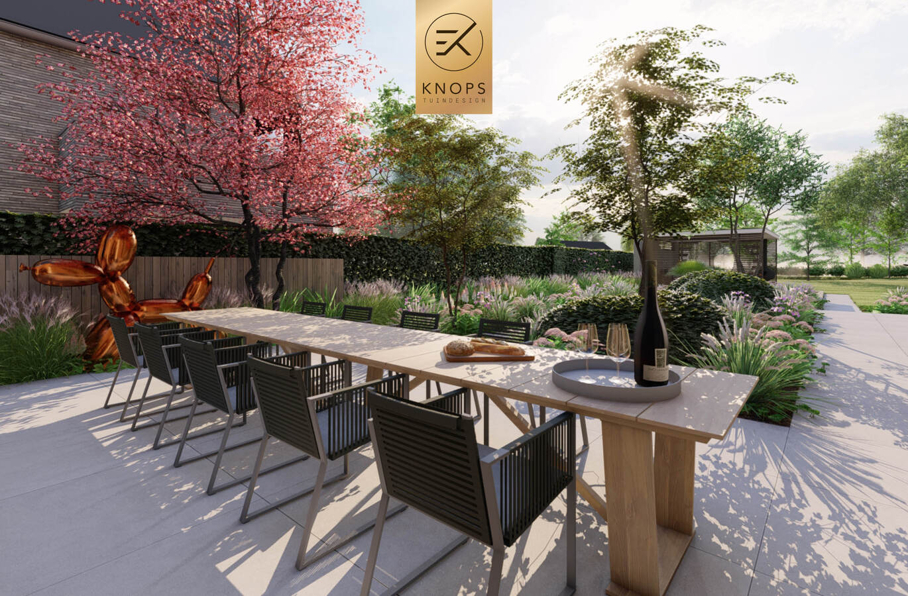 sfeertuinen zwembad meerstammige bomen tuin verlichting avond buitenverblijf overkapping luxe knops tuindesign tuinarchitect overkapping wellness luxe buitenhaard vlonder