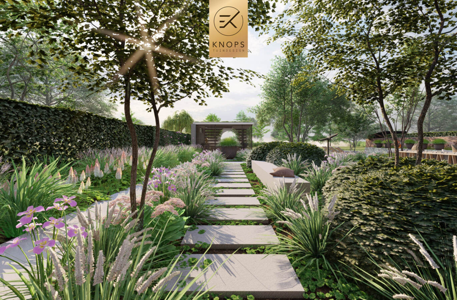 sfeertuinen zwembad meerstammige bomen tuin verlichting avond buitenverblijf overkapping luxe knops tuindesign tuinarchitect overkapping wellness luxe buitenhaard vlonder