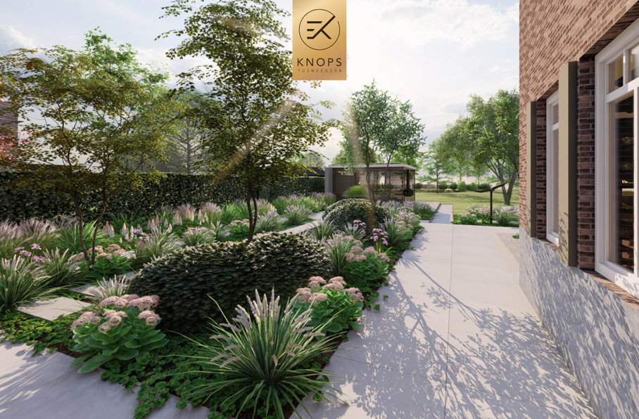 sfeertuinen zwembad meerstammige bomen tuin verlichting avond buitenverblijf overkapping luxe knops tuindesign tuinarchitect overkapping wellness luxe buitenhaard vlonder