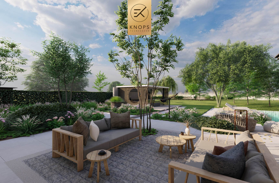 sfeertuinen zwembad meerstammige bomen tuin verlichting avond buitenverblijf overkapping luxe knops tuindesign tuinarchitect overkapping wellness luxe buitenhaard vlonder