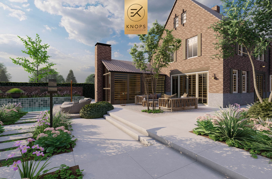 sfeertuinen zwembad meerstammige bomen tuin verlichting avond buitenverblijf overkapping luxe knops tuindesign tuinarchitect overkapping wellness luxe buitenhaard vlonder