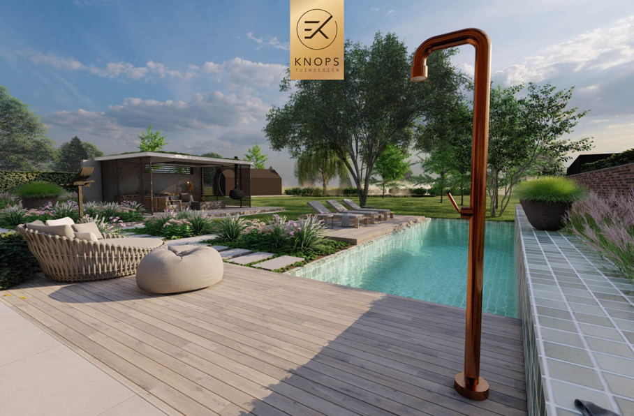 sfeertuinen zwembad meerstammige bomen tuin verlichting avond buitenverblijf overkapping luxe knops tuindesign tuinarchitect overkapping wellness luxe buitenhaard vlonder