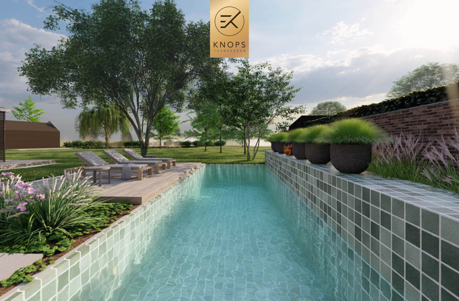 sfeertuinen zwembad meerstammige bomen tuin verlichting avond buitenverblijf overkapping luxe knops tuindesign tuinarchitect overkapping wellness luxe buitenhaard vlonder