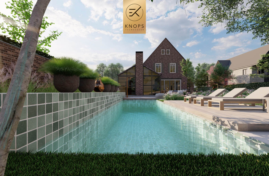 sfeertuinen zwembad meerstammige bomen tuin verlichting avond buitenverblijf overkapping luxe knops tuindesign tuinarchitect overkapping wellness luxe buitenhaard vlonder