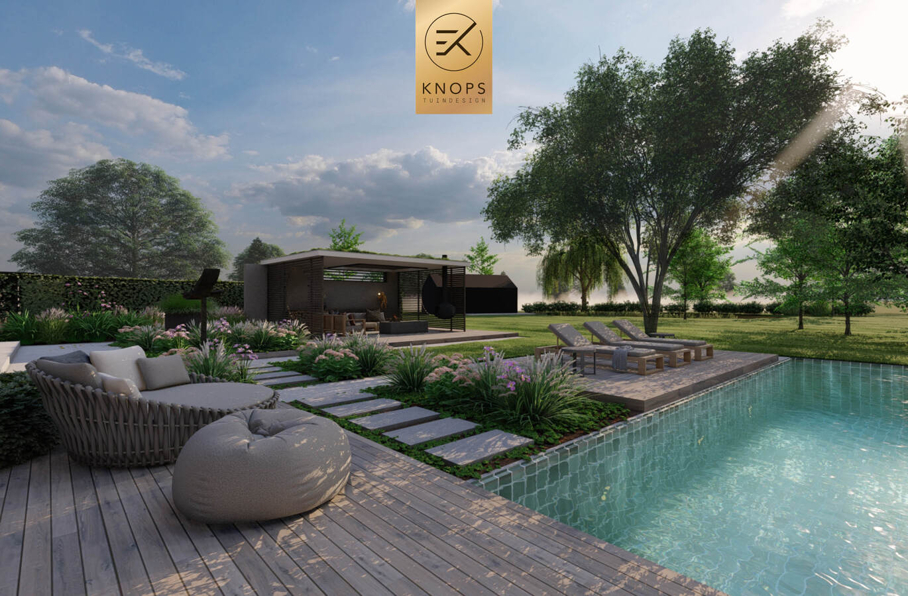 sfeertuinen zwembad meerstammige bomen tuin verlichting avond buitenverblijf overkapping luxe knops tuindesign tuinarchitect overkapping wellness luxe buitenhaard vlonder