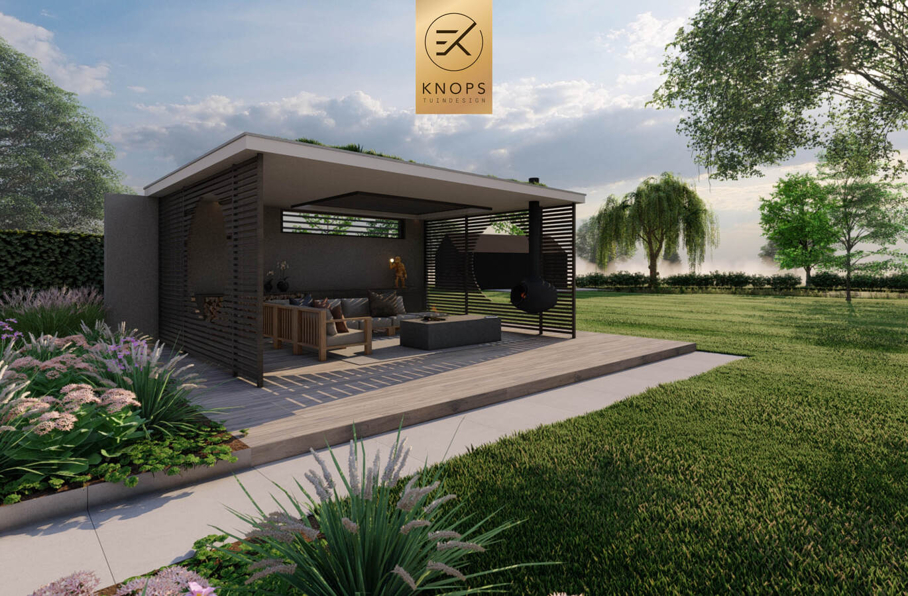 sfeertuinen zwembad meerstammige bomen tuin verlichting avond buitenverblijf overkapping luxe knops tuindesign tuinarchitect overkapping wellness luxe buitenhaard vlonder
