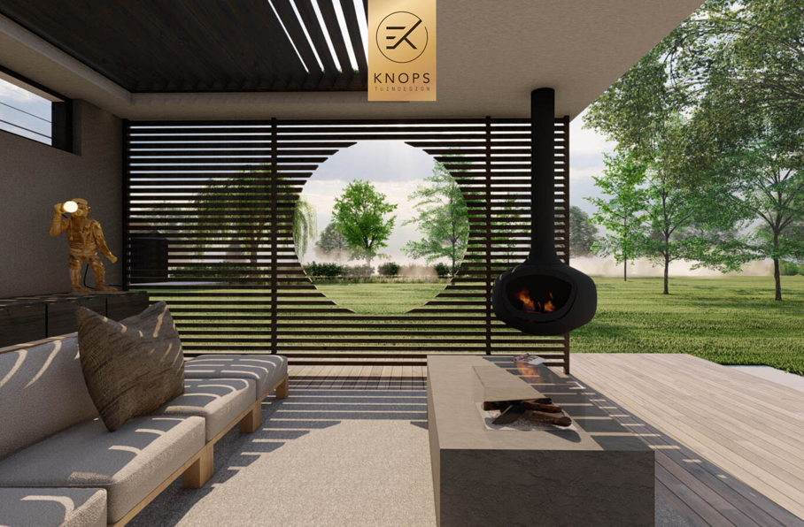 sfeertuinen zwembad meerstammige bomen tuin verlichting avond buitenverblijf overkapping luxe knops tuindesign tuinarchitect overkapping wellness luxe buitenhaard vlonder
