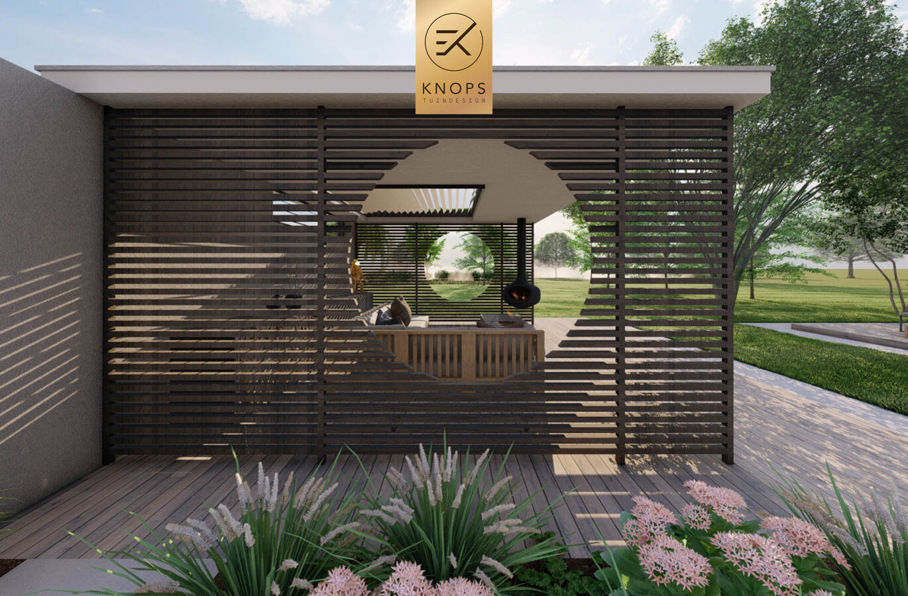sfeertuinen zwembad meerstammige bomen tuin verlichting avond buitenverblijf overkapping luxe knops tuindesign tuinarchitect overkapping wellness luxe buitenhaard vlonder