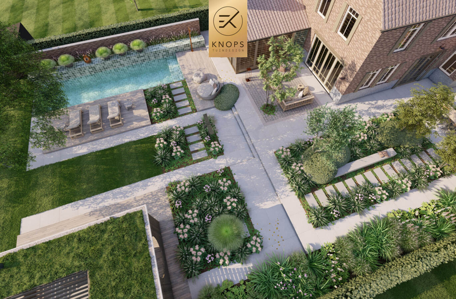 sfeertuinen zwembad meerstammige bomen tuin verlichting avond buitenverblijf overkapping luxe knops tuindesign tuinarchitect overkapping wellness luxe buitenhaard vlonder