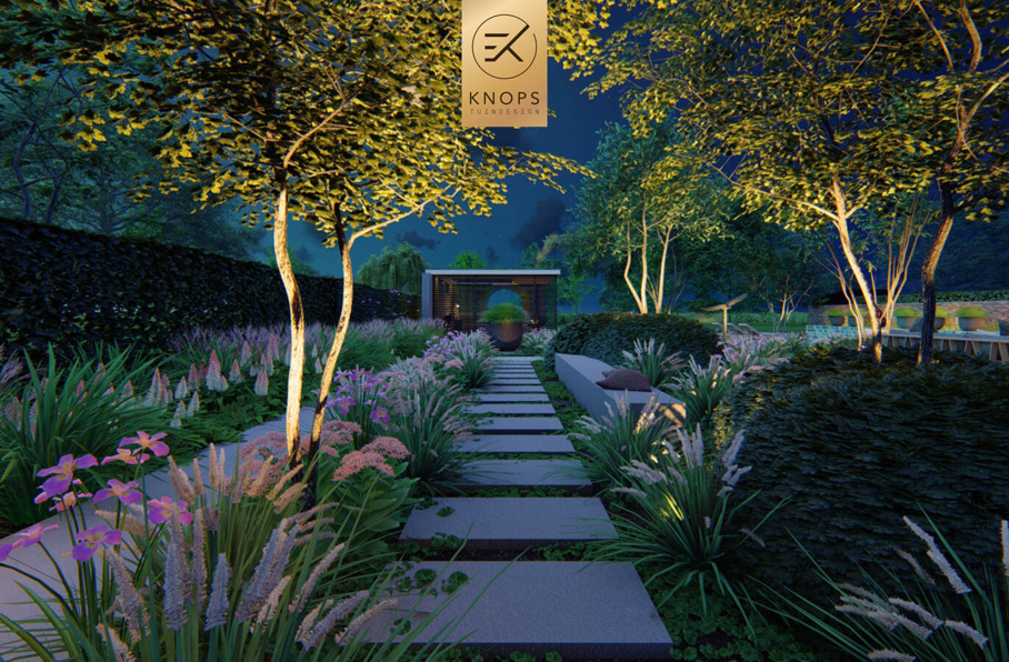 sfeertuinen zwembad meerstammige bomen tuin verlichting avond buitenverblijf overkapping luxe knops tuindesign tuinarchitect overkapping wellness luxe buitenhaard vlonder