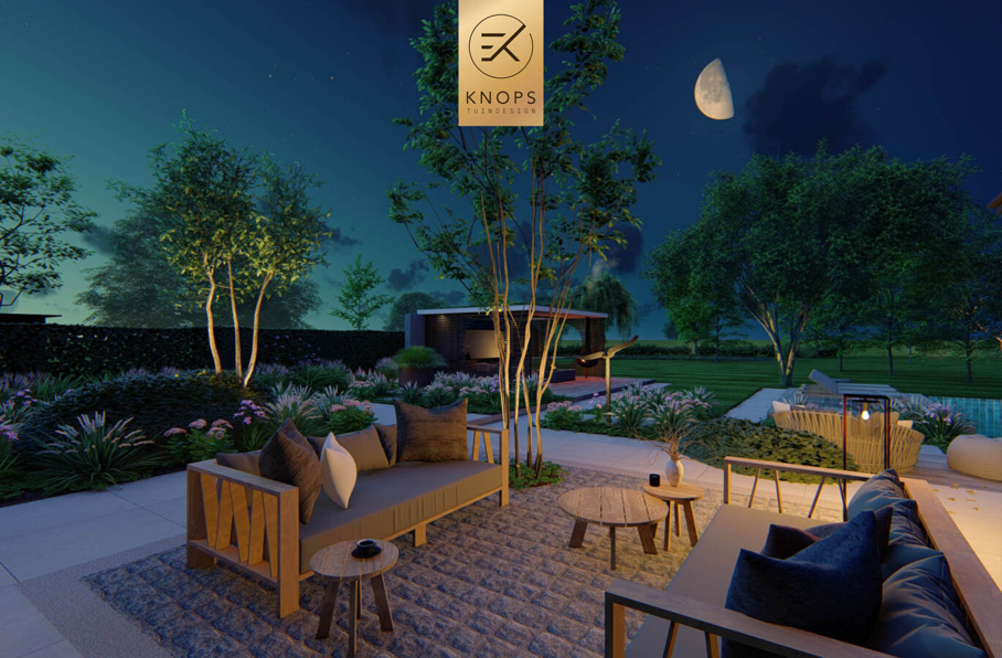 sfeertuinen zwembad meerstammige bomen tuin verlichting avond buitenverblijf overkapping luxe knops tuindesign tuinarchitect overkapping wellness luxe buitenhaard vlonder