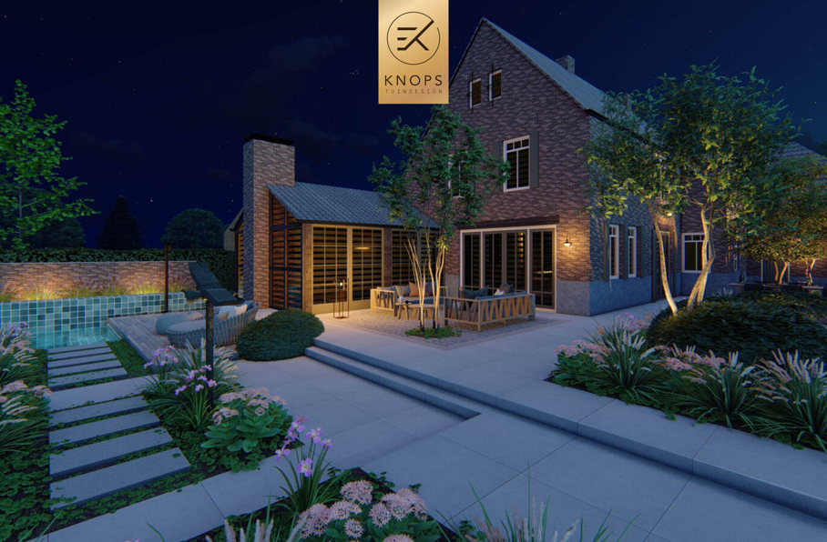 sfeertuinen zwembad meerstammige bomen tuin verlichting avond buitenverblijf overkapping luxe knops tuindesign tuinarchitect overkapping wellness luxe buitenhaard vlonder