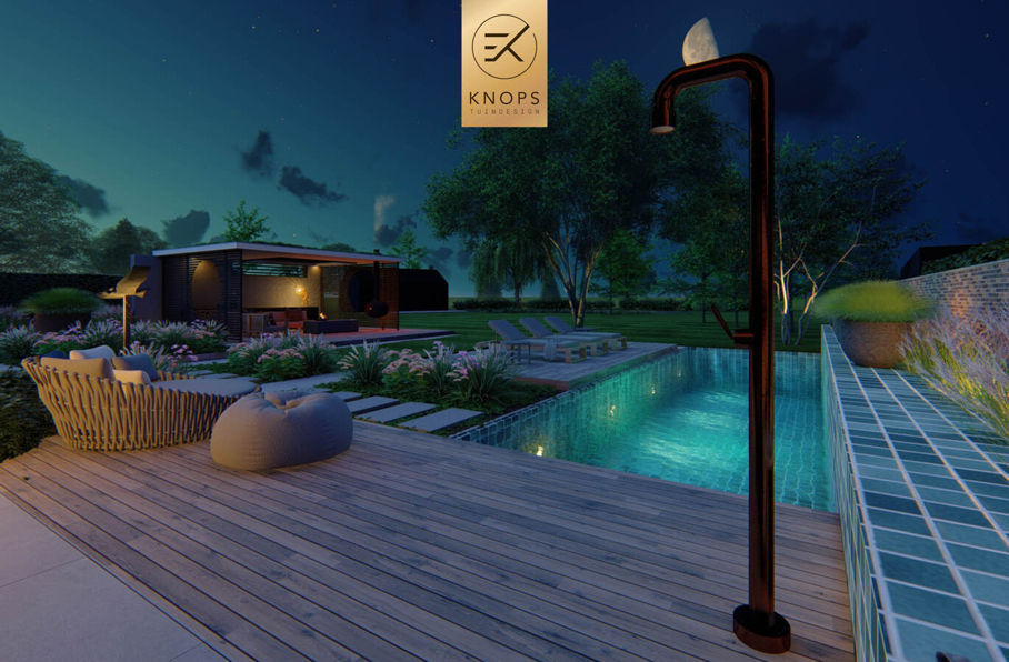 sfeertuinen zwembad meerstammige bomen tuin verlichting avond buitenverblijf overkapping luxe knops tuindesign tuinarchitect overkapping wellness luxe buitenhaard vlonder