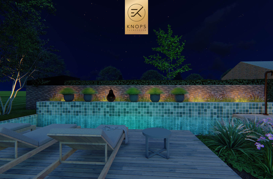 sfeertuinen zwembad meerstammige bomen tuin verlichting avond buitenverblijf overkapping luxe knops tuindesign tuinarchitect overkapping wellness luxe buitenhaard vlonder