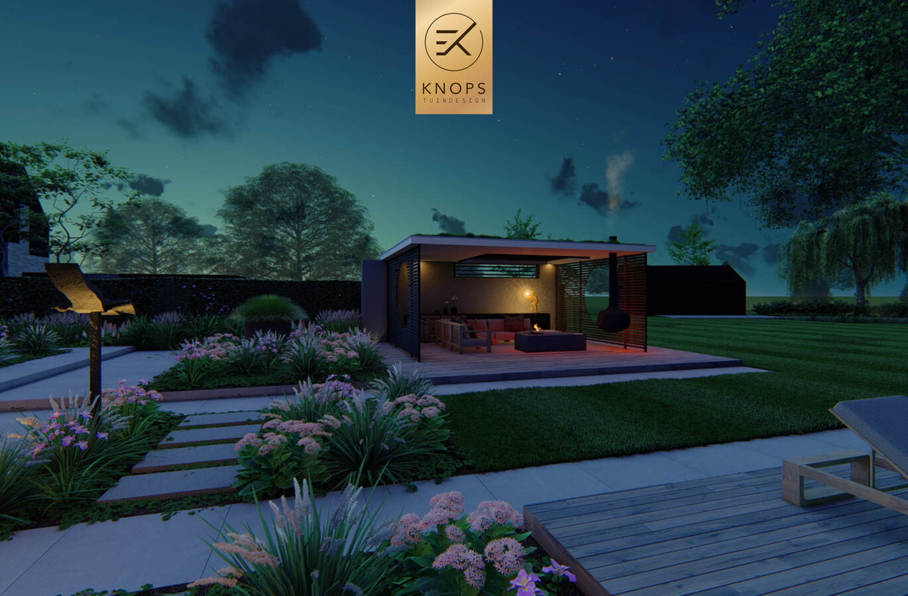 sfeertuinen zwembad meerstammige bomen tuin verlichting avond buitenverblijf overkapping luxe knops tuindesign tuinarchitect overkapping wellness luxe buitenhaard vlonder