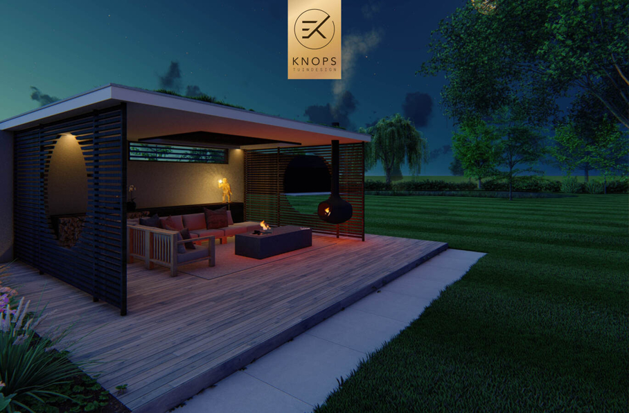 sfeertuinen zwembad meerstammige bomen tuin verlichting avond buitenverblijf overkapping luxe knops tuindesign tuinarchitect overkapping wellness luxe buitenhaard vlonder