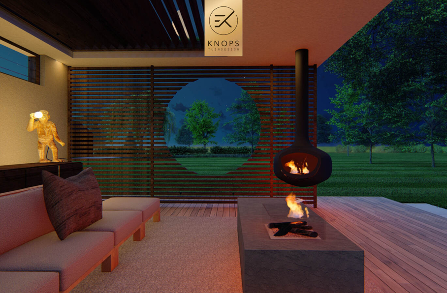 sfeertuinen zwembad meerstammige bomen tuin verlichting avond buitenverblijf overkapping luxe knops tuindesign tuinarchitect overkapping wellness luxe buitenhaard vlonder