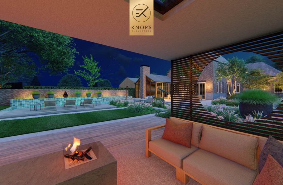 sfeertuinen zwembad meerstammige bomen tuin verlichting avond buitenverblijf overkapping luxe knops tuindesign tuinarchitect overkapping wellness luxe buitenhaard vlonder