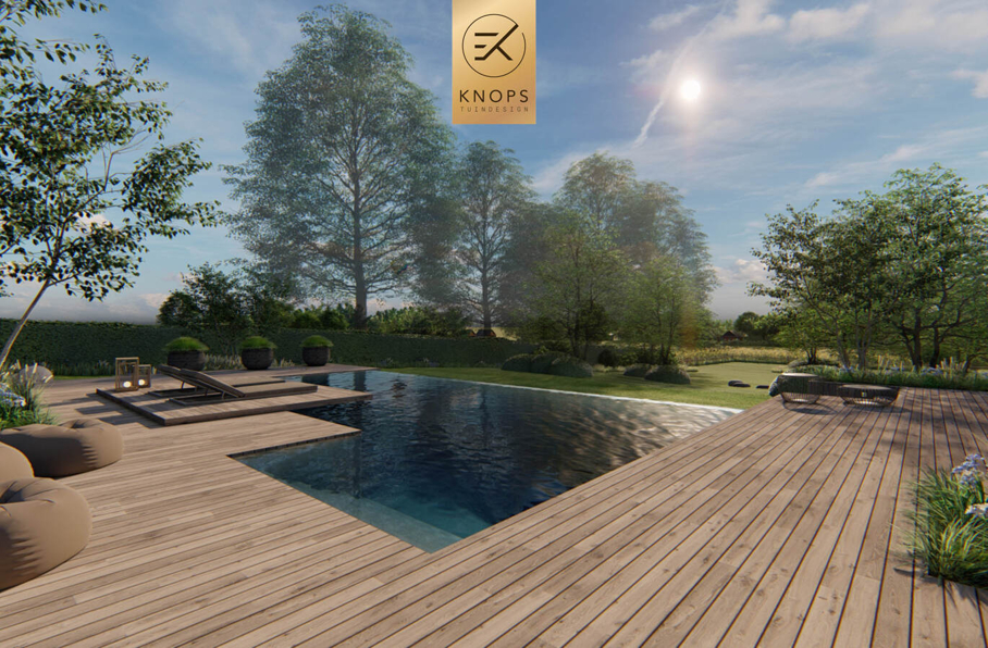 Luxe niveau hoogtes infinitypool villatuin totaalarchitectuur high end overkapping veranda buitenkeuken cooxs borek zonnedoek buitendouche waterval erik knops tuinarchitect tilburg