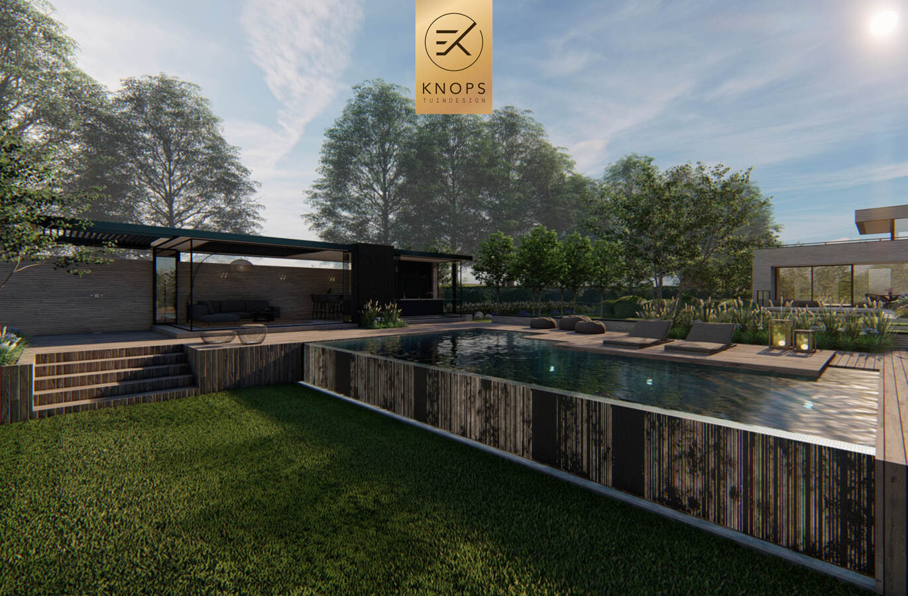 Luxe niveau hoogtes infinitypool villatuin totaalarchitectuur high end overkapping veranda buitenkeuken cooxs borek zonnedoek buitendouche waterval erik knops tuinarchitect tilburg