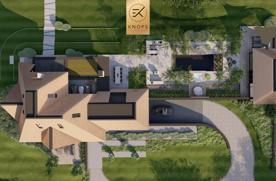 Totaalarchitectuur samenwerkingen landschapsarchitect 3Dspecialisten tuinontwerp luxe wellnesstuin villatuin erik knops tuindesign buitenhaard vlonder zwembad poolhouse luxe designtuin bomen zwemparadijs