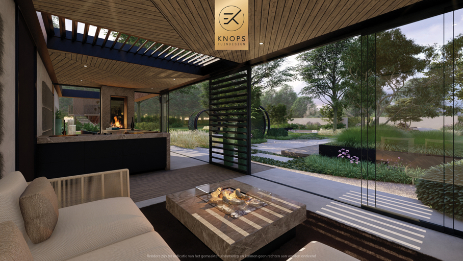 Strak, rond tuinontwerp, speels, modern, luxe, high end, poolhouse, jaccuzi rond, overkapping, modern, poort, waterelement, boomhut, high end boomhut