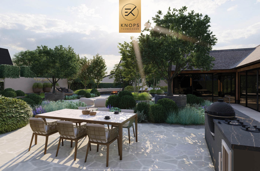 luxe tuinontwerp mediterrane tuin modern tuinontwerp exclusief tuinontwerp tuin met zwembad flagstones vlonder zitkuil luxe buitenkeuken