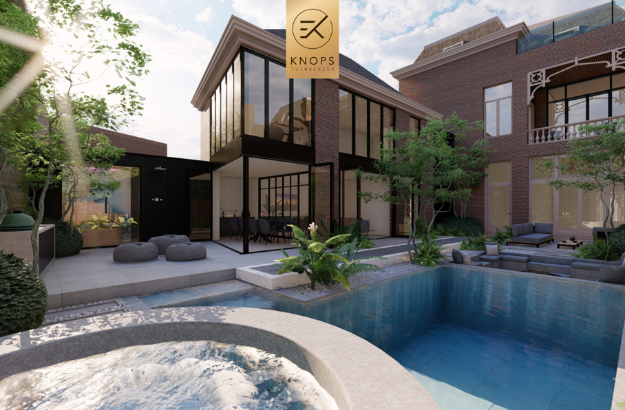 luxe stadstuin zwembad waterval jacuzzi wellnesstuin tuinontwerp exclusieve tuin in de de stad moderne tuin strak ontwerp