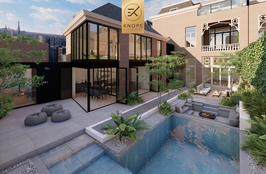 luxe stadstuin zwembad waterval jacuzzi wellnesstuin tuinontwerp exclusieve tuin in de de stad moderne tuin strak ontwerp