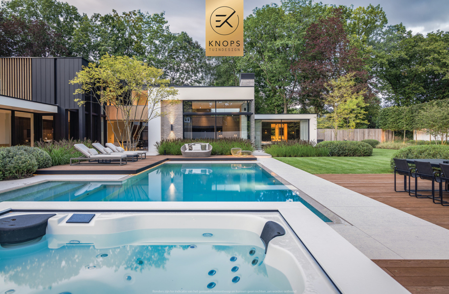 garden design villagarden swimmingpool wellnessgarden wellnesstuin met luxe door tuinarchitect Erik Knops Knops Tuindesign spiegelvijver keramische architectuur tuinen 