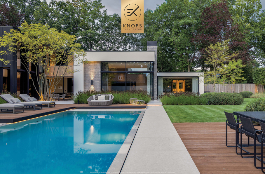 garden design villagarden swimmingpool wellnessgarden wellnesstuin met luxe door tuinarchitect Erik Knops Knops Tuindesign spiegelvijver keramische architectuur tuinen 