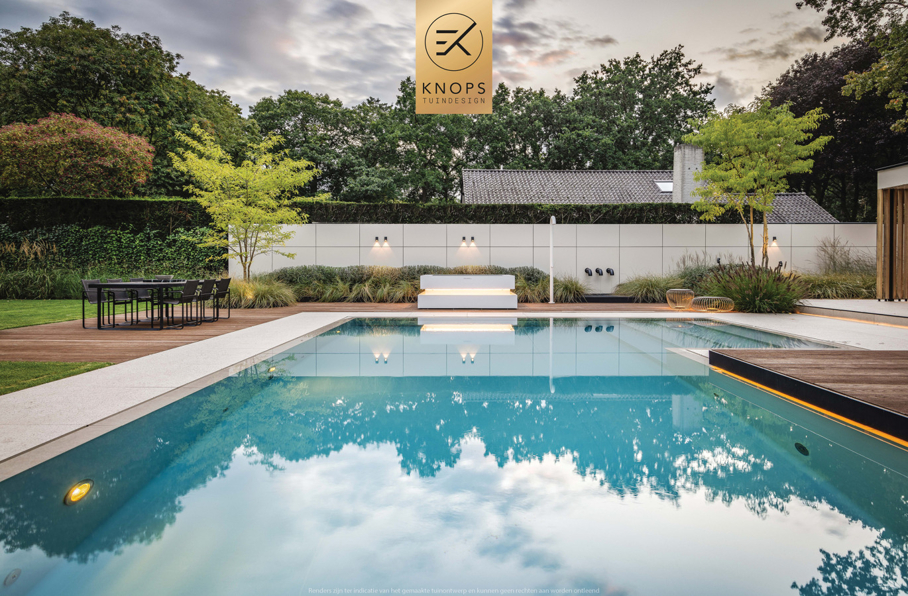 garden design villagarden swimmingpool wellnessgarden wellnesstuin met luxe door tuinarchitect Erik Knops Knops Tuindesign spiegelvijver keramische architectuur tuinen 