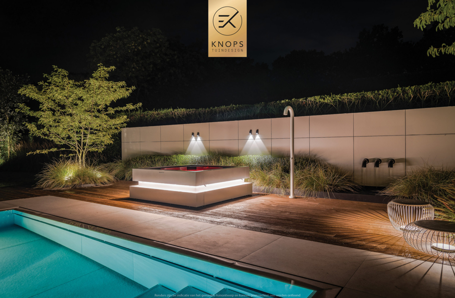 garden design villagarden swimmingpool wellnessgarden wellnesstuin met luxe door tuinarchitect Erik Knops Knops Tuindesign spiegelvijver keramische architectuur tuinen 