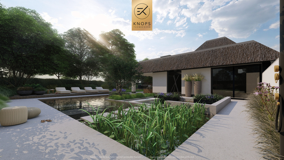 Luxe familietuin,exclusief tuinontwerp,moderne tuin,villatuin,zwemvijver,buitenverblijf,wellness,sport,luxe tuin