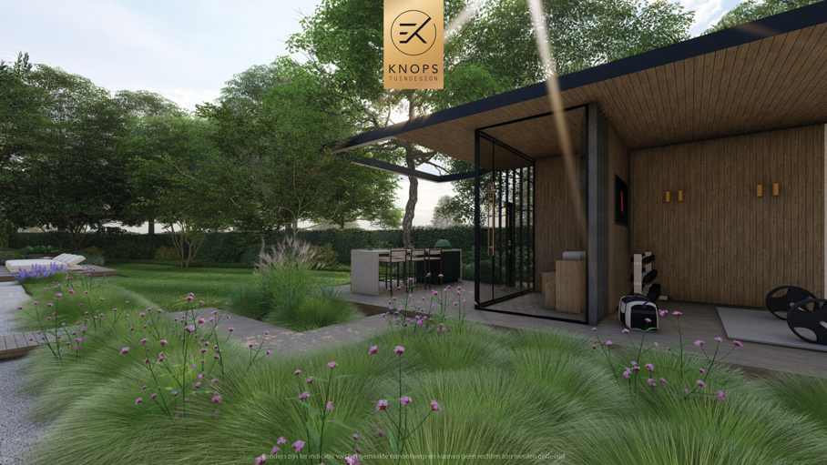 Luxe familietuin,exclusief tuinontwerp,moderne tuin,villatuin,zwemvijver,buitenverblijf,wellness,sport,luxe tuin