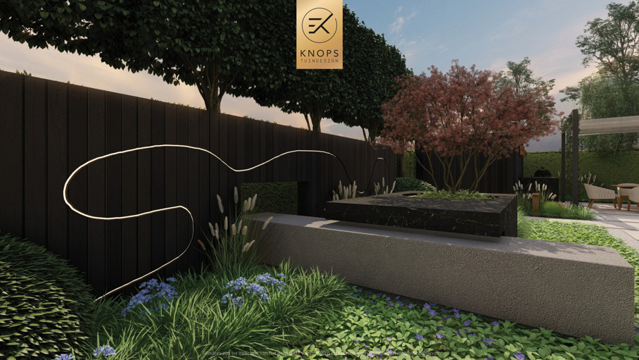 exclusief tuinontwerp, moderne tuin met gouden sfeer, luxe tuin, moderne tuin, tuin met zwembad, buitenkeuken, jacuzzi, whirlpool