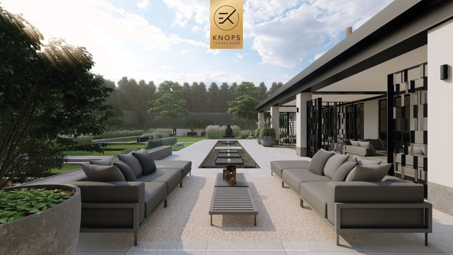 Moderne rustige tuin, tuin met kuil, keldertuin, kalm tuinontwerp, clean garden design, minimalistische tuin, luxe overkapping, poolhouse, strak tuinontwerp, exclusieve tuin