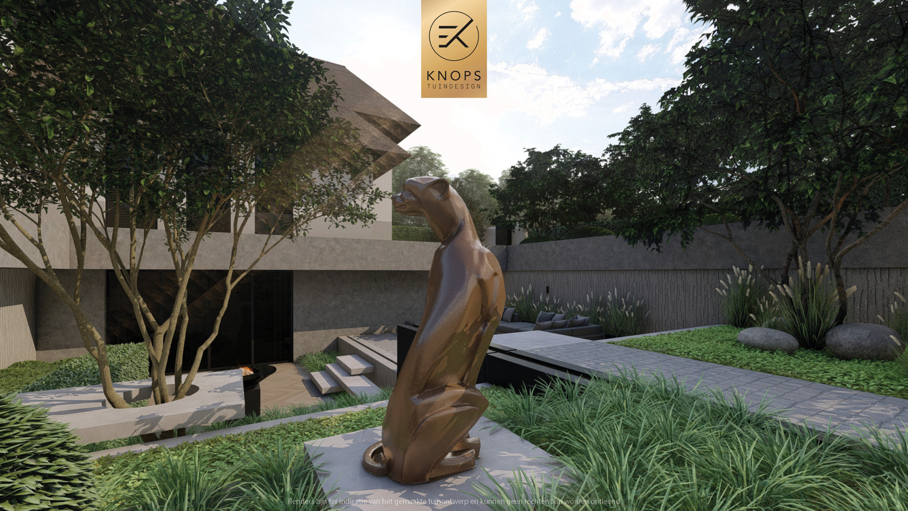 Moderne rustige tuin, tuin met kuil, keldertuin, kalm tuinontwerp, clean garden design, minimalistische tuin, luxe overkapping, poolhouse, strak tuinontwerp, exclusieve tuin