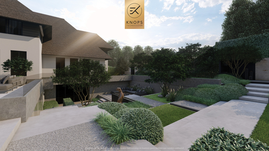 Moderne rustige tuin, tuin met kuil, keldertuin, kalm tuinontwerp, clean garden design, minimalistische tuin, luxe overkapping, poolhouse, strak tuinontwerp, exclusieve tuin