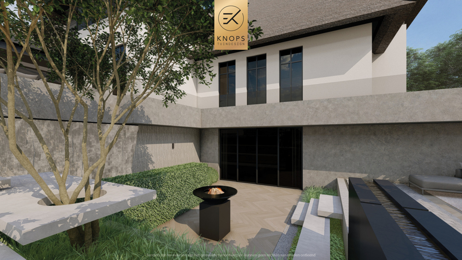 Moderne rustige tuin, tuin met kuil, keldertuin, kalm tuinontwerp, clean garden design, minimalistische tuin, luxe overkapping, poolhouse, strak tuinontwerp, exclusieve tuin