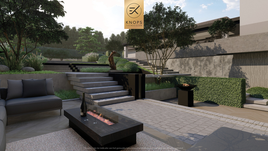 Moderne rustige tuin, tuin met kuil, keldertuin, kalm tuinontwerp, clean garden design, minimalistische tuin, luxe overkapping, poolhouse, strak tuinontwerp, exclusieve tuin