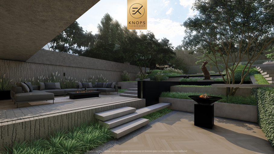Moderne rustige tuin, tuin met kuil, keldertuin, kalm tuinontwerp, clean garden design, minimalistische tuin, luxe overkapping, poolhouse, strak tuinontwerp, exclusieve tuin