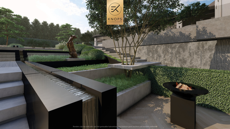 Moderne rustige tuin, tuin met kuil, keldertuin, kalm tuinontwerp, clean garden design, minimalistische tuin, luxe overkapping, poolhouse, strak tuinontwerp, exclusieve tuin