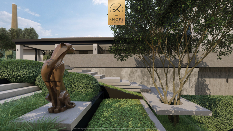Moderne rustige tuin, tuin met kuil, keldertuin, kalm tuinontwerp, clean garden design, minimalistische tuin, luxe overkapping, poolhouse, strak tuinontwerp, exclusieve tuin