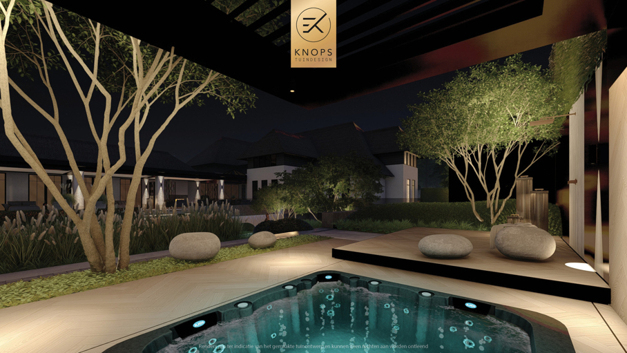 Moderne rustige tuin, tuin met kuil, keldertuin, kalm tuinontwerp, clean garden design, minimalistische tuin, luxe overkapping, poolhouse, strak tuinontwerp, exclusieve tuin